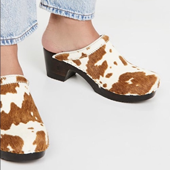 No. 6 Old School mid heel clogs in Brown Cow - Picture 2 of 4